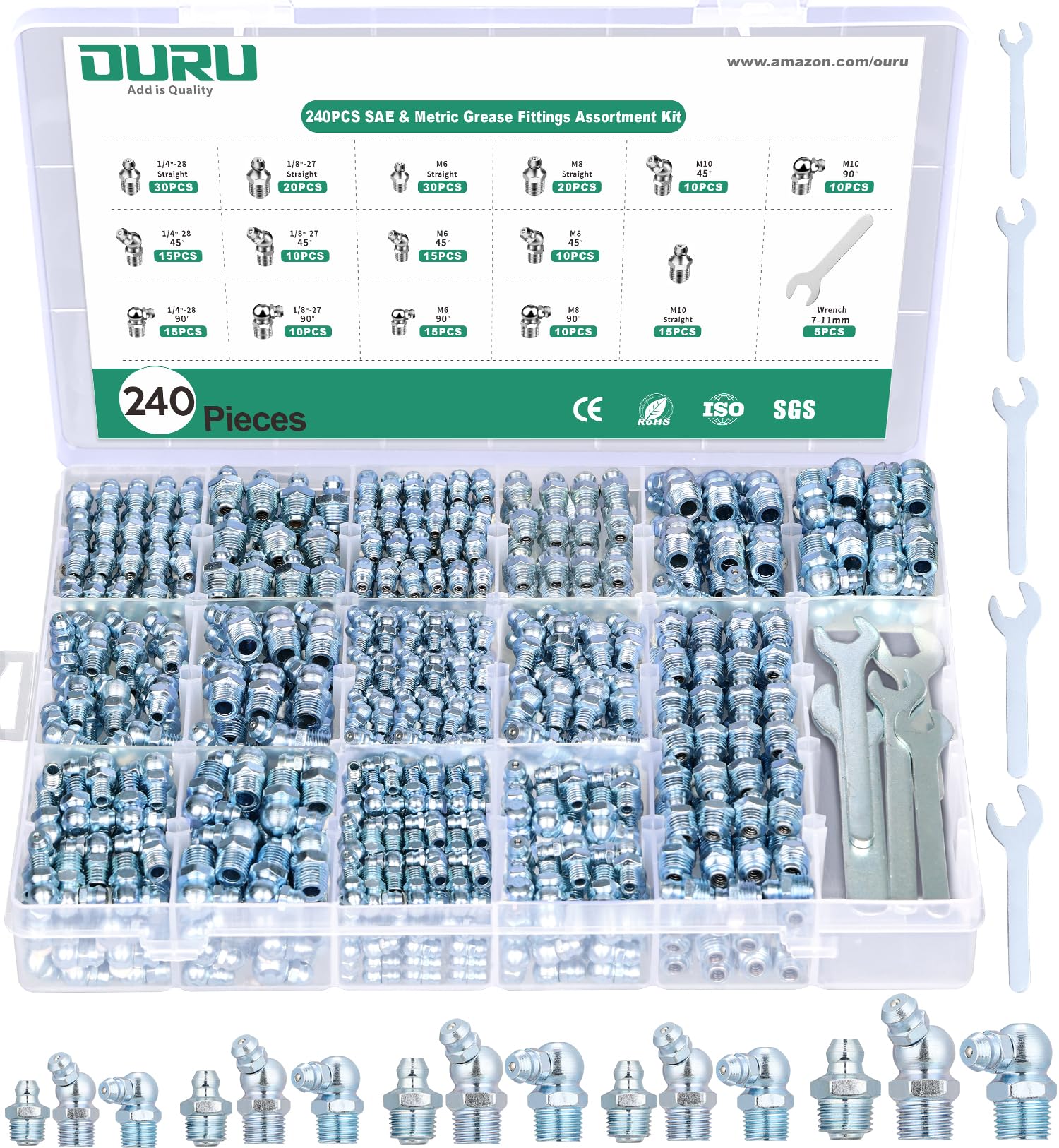 OURU Grease Fittings Assortment, 240PCS SAE & Metric Zerk Grease Fittings NPT 1/4" 1/8" M6 M8 M10, Straight 45 90 Degree Grease Nipple with Wrench Kit(7-11mm) for Grease Gun