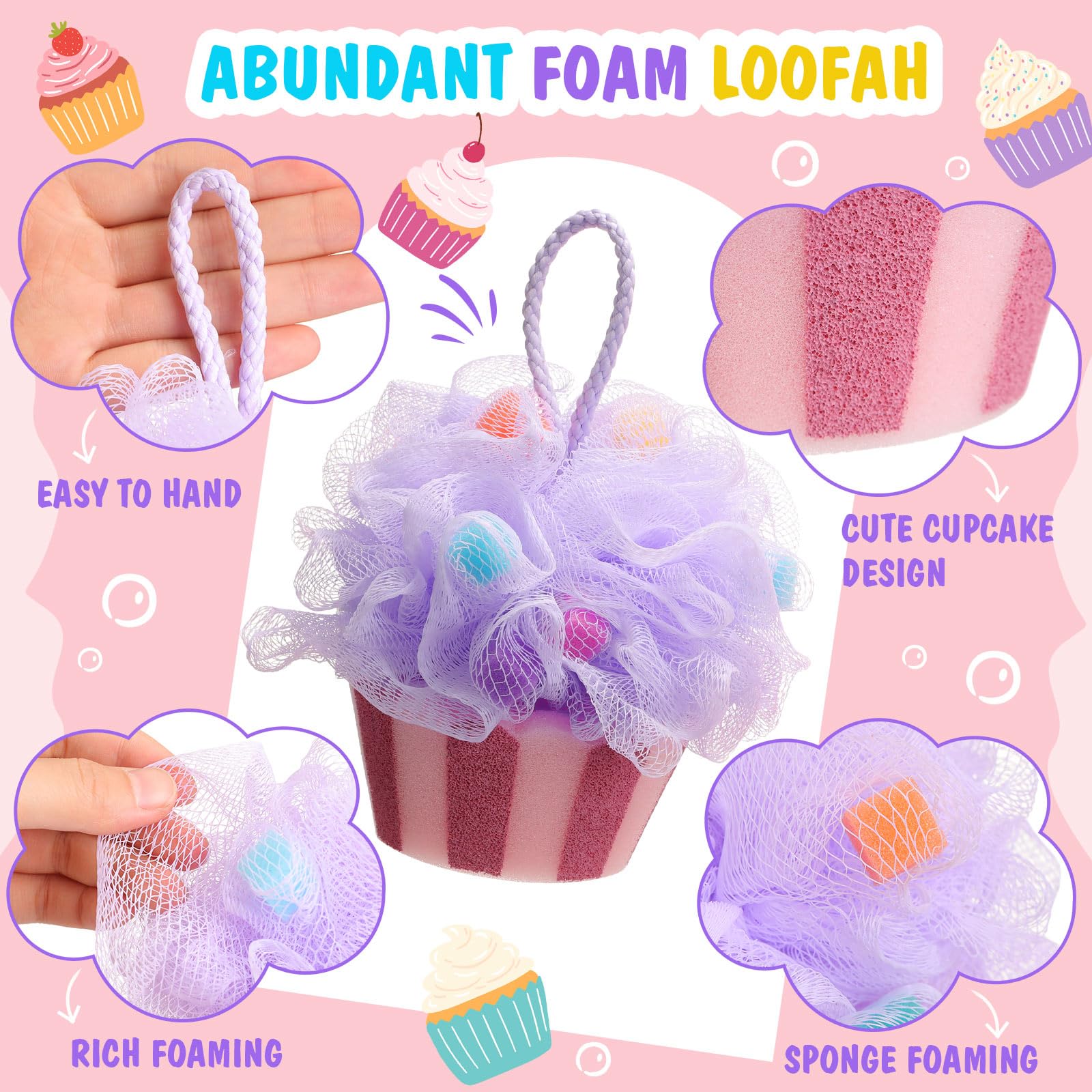 Reallnaive 4 Pcs Cupcake Bath Loofah Sponge Cartoon Body Scrubber Loofah Soft Mesh Exfoliating Bath Scrubber Shower Ball for Shower Sponge Gifts Exchange Birthday Party