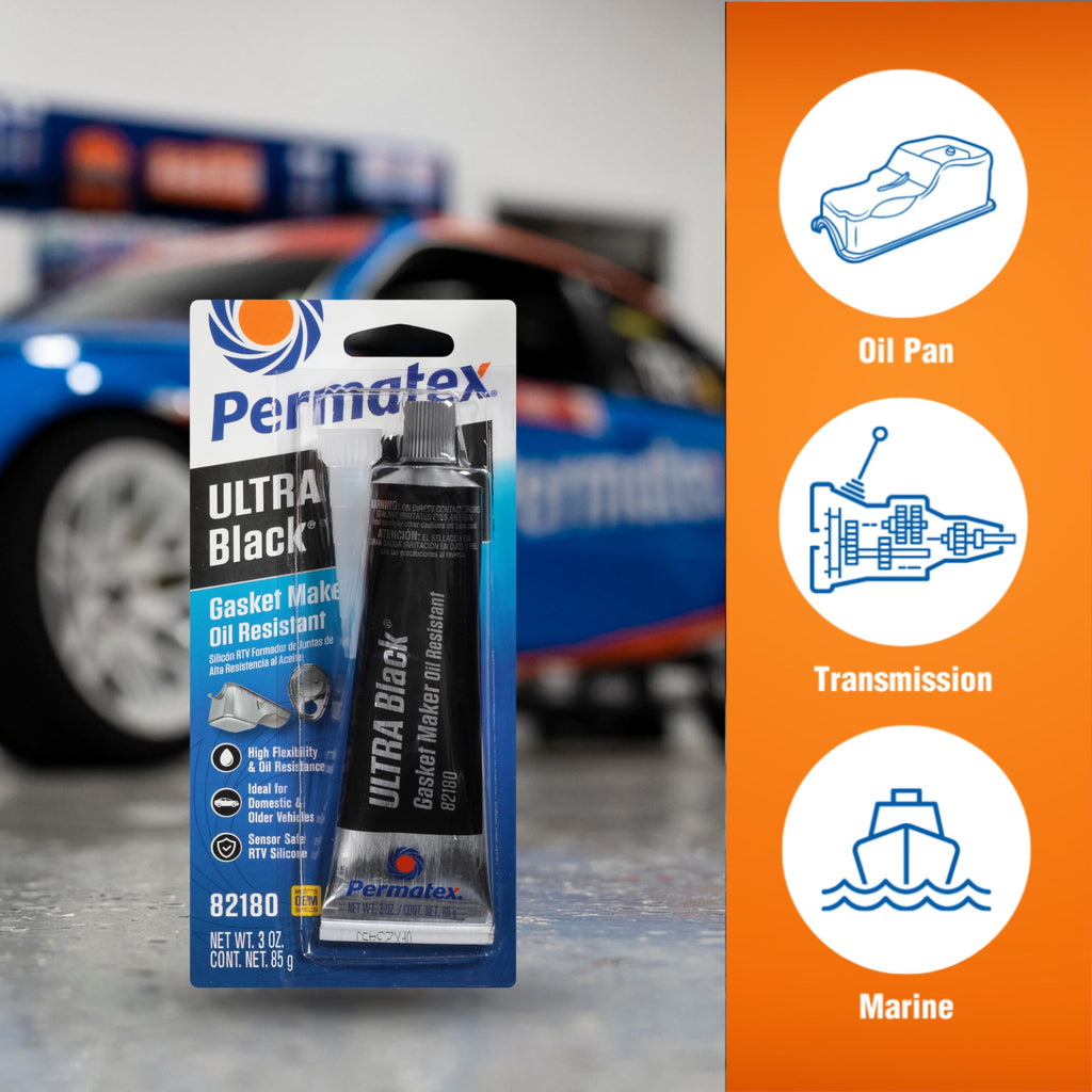 Permatex 82180 Ultra Black Maximum Oil Resistance RTV Silicone Gasket Maker, Sensor Safe and Non-Corrosive, for High Flex and Oil Resistant Applications 3 oz