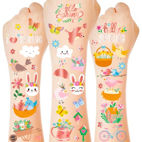 174 PCS Spring Temporary Tattoos, 12 Sheets Waterproof Hello Spring Tattoo, Rose Gold-Foil Spring Party Decorations Glitter Flowers Butterfly Egg Fillers for Easter Basket Stuffers Party Favors