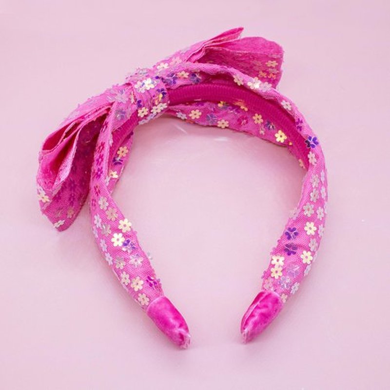 FROG SAC Hairband, Hot Pink Sparkly Sequin Bow Headband for Girls - Little Girl Rainbow Flower Hair Bands, Kids Cute Fashion Head Band Accessories, Floral Tulle Back to School Hairbands