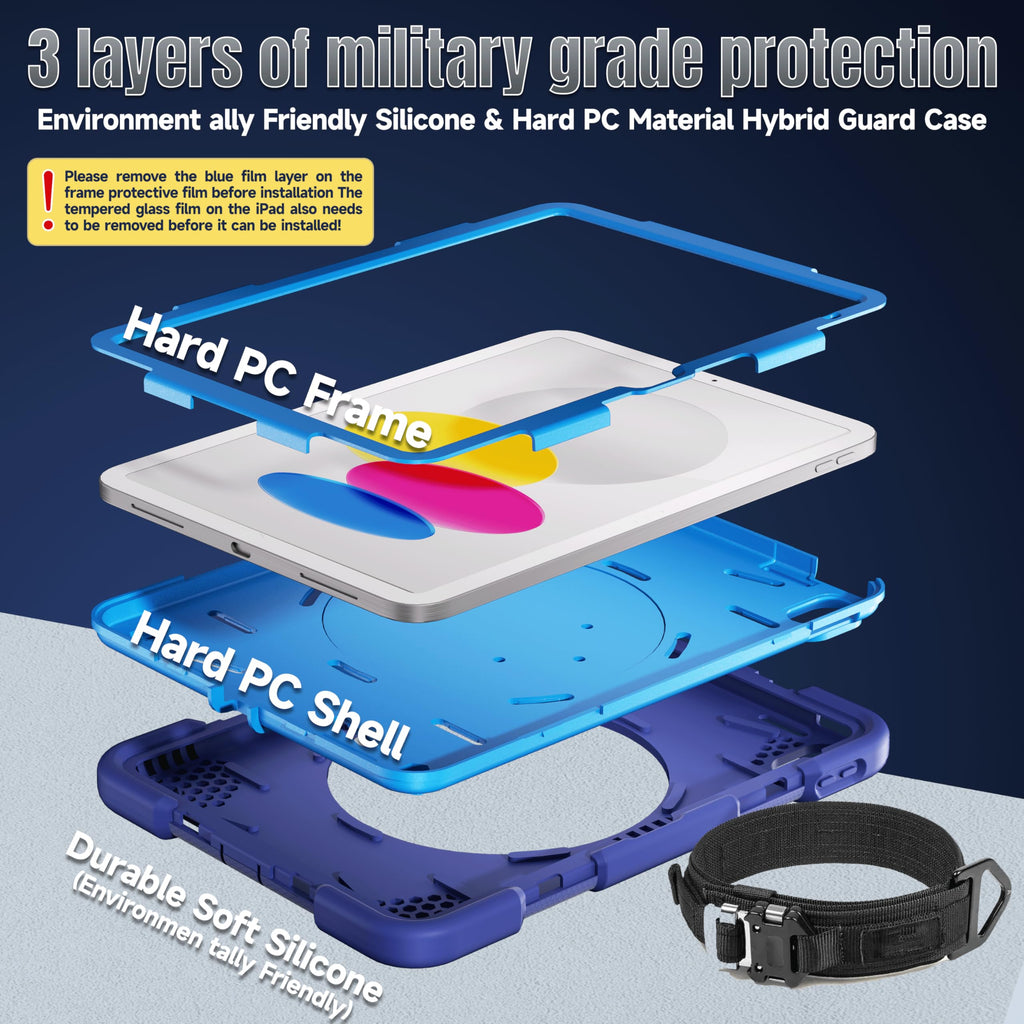 Andnary Case for iPad (A16) 11th/10th Generation 11/10.9 Inch 2025/2022 with Screen Protector/360° Rotate Stand/Shoulder Strap/Pencil Holder, Shockproof iPad 11th/10th Gen Cover (Navy+Blue)