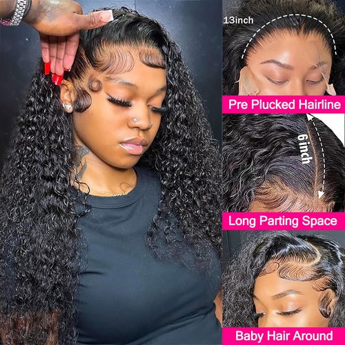 GYAJEP 13x6 Lace Front Wigs Human Hair 200 Density Water Wave Human Hair Wig Pre Plucked Curly Wig for Black Women Natural Color 18 Inch