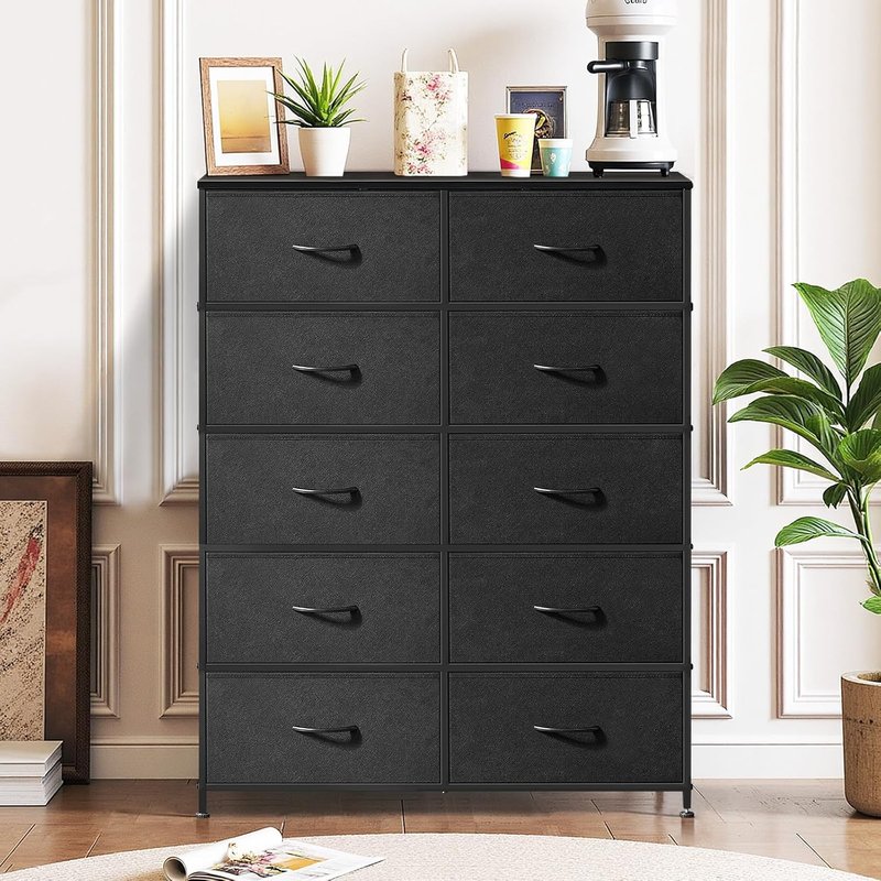 10-Drawer Dresser - Anti-Tip Tall Storage Organizer with Wooden Top & Metal Frame | Black Fabric Bins