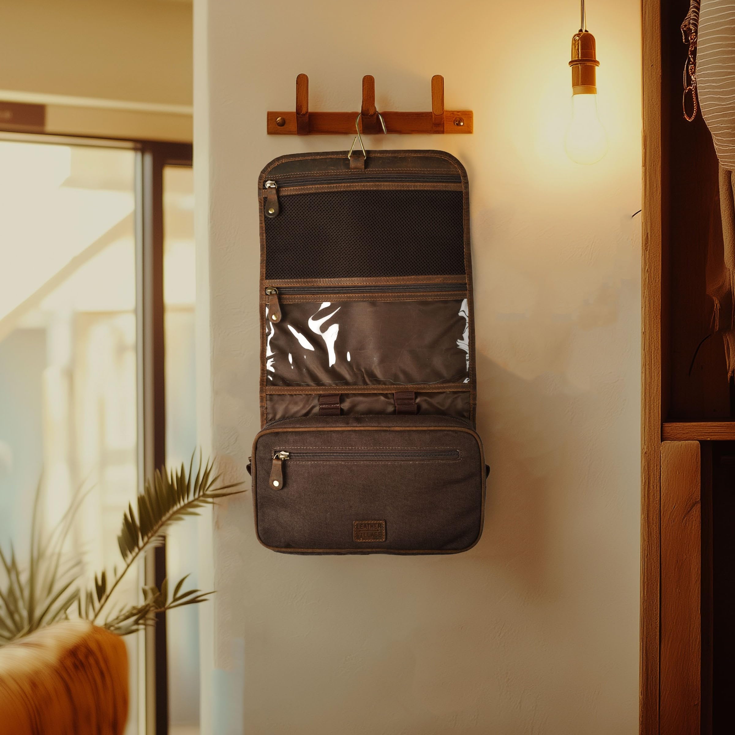 LEATHER VILLAGE Hanging Genuine Leather Toiletry Bag for Men & Women with Waterproof Lining – Handcrafted Vintage Travel Dopp Kit, Shaving Organizer & Shower Bathroom Essentials Case - Brown