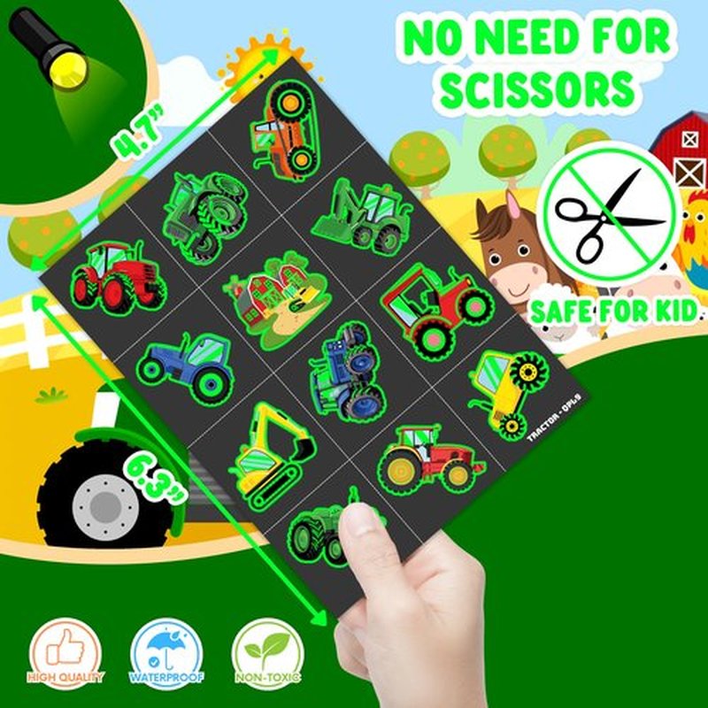 96 PCS Tractor Farm Farmhouse Pre-Cut Luminous Glow in the dark Temporary Tattoos for Kids | Super Cute Theme Birthday Party Favors, Supplies, Decorations, Fake Tattoo Stickers Gifts for Boys Girls