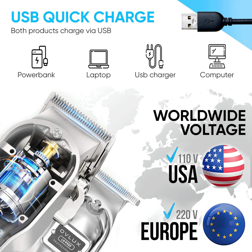 OVLUX Professional Cordless Hair Clippers for Men, Rechargeable Full Metal Beard Trimmer, Barbers Trimmer, Ideal Gift for Men, Dad - Silver. (Clipper & Trimmer Set)