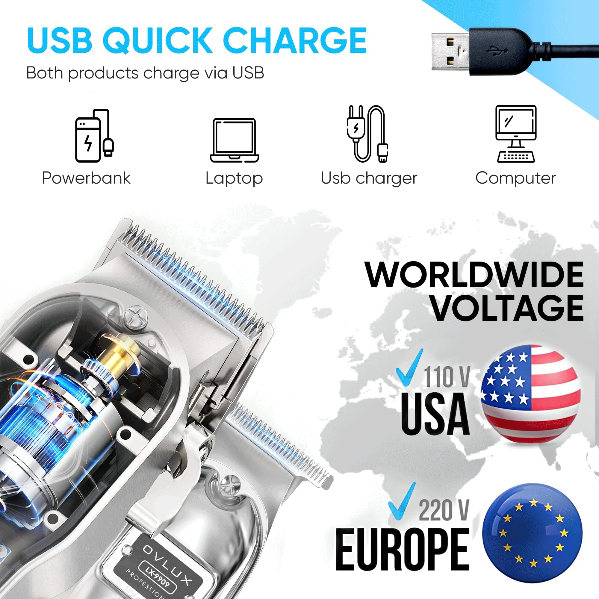 OVLUX Professional Cordless Hair Clippers for Men, Rechargeable Full Metal Beard Trimmer, Barbers Trimmer, Ideal Gift for Men, Dad - Silver. (Clipper & Trimmer Set)