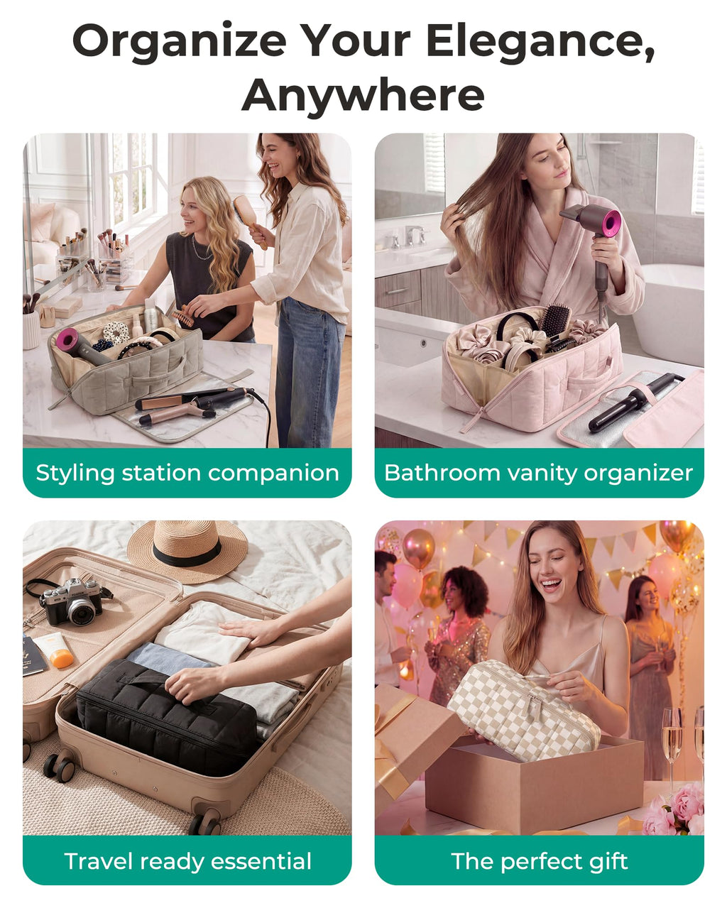 BAGSMART Hair Tool Organizer Travel Bag Compatible with Dyson Airwrap, Shark Hair Dryer, Wide-open Accessories Organizer with Heat Resistant Mat, Makeup Bag for Dyson Attachments, Curling Iron, Khaki