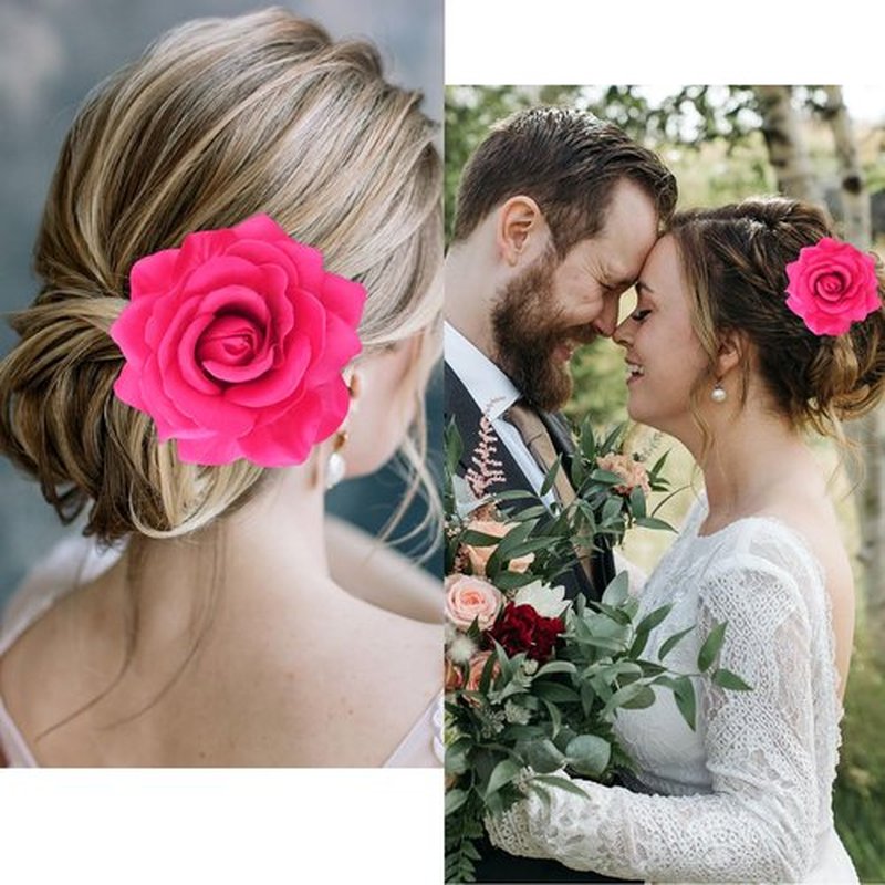 Atoden Hot Pink Rose Hair Clip, Flower Rose Clips for Hair, Hawaiian Floral Hair Pins Alligator Clips Brooch Mexican Decorative Headpieces for Women Girls Bridal Wedding Hair Accessories