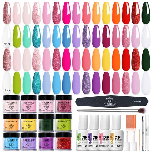 Modelones Dip Powder Nail Kit Starter, 30 Colors Hot Pink Magenta Lemon Green Acrylic Dipping Powder Set with Top/Base Coat Activator for French Art Manicure Salon DIY