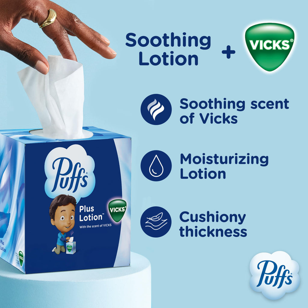 Puffs Plus Lotion with Vicks Facial Tissues, 4 Cubes, 48 Tissues per Box (192 Tissues) [Packaging May Vary]