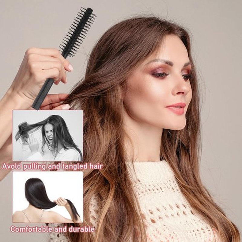 Boar Bristle and Nylon Curling Brush, Travel Hair Brush for Blow Drying, with Wood Handle - Roller Hairbrush for Women, Beard Brush for Men (Black & Red)