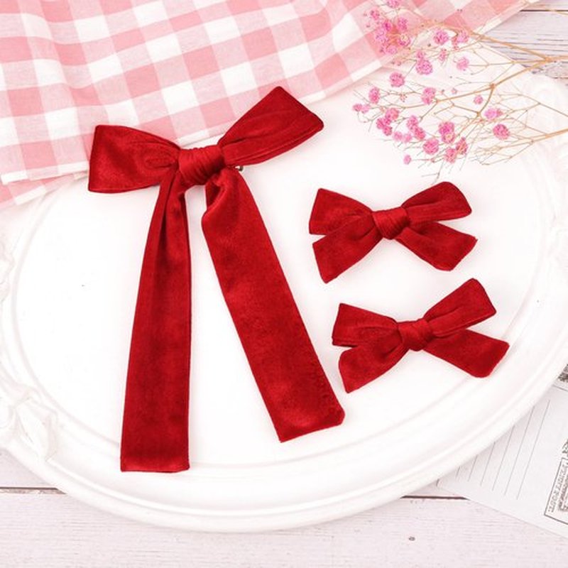 DEEKA Red Velvet Hair Bows 2 Sizes Long and Basic 4” Hair Bow Set for Toddler Girls Long Ponytail Knot Bows Alligator Clip Hair Accessories for Little Girls (Red)