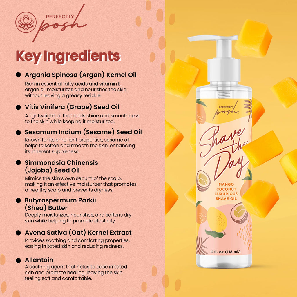 Perfectly Posh - Shave the Day Mango Coconut Shave Oil - Moisturizing Shave Oil with Argan, Jojoba, Shea Butter and Tropical Scent - 118ml