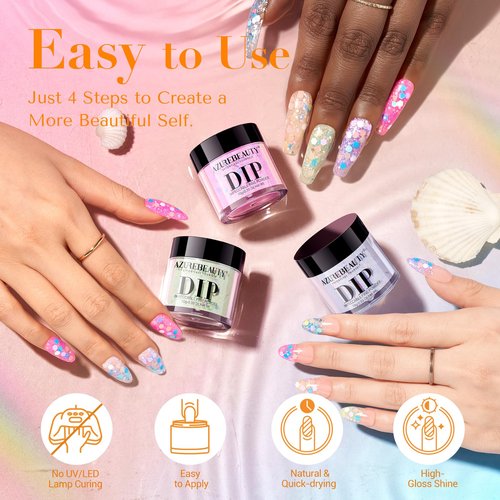 AZUREBEAUTY Dip Powder Nail Set, 6 Colors Spring Pink Purple Green Glitter Cheese Colors Natural Dipping Powder Starter Spring Kit, French Nail Art Manicure DIY Salon, No Need Nail Lamp Cured