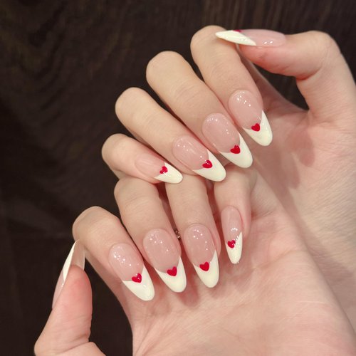 Tesytto Valentine's Day Press on Nails with Red Heart - Medium Almond Fake Nails Full Cover Glossy, Classic White Edge Design French Tip Handmade False Nails(Creamy Heart French,S)