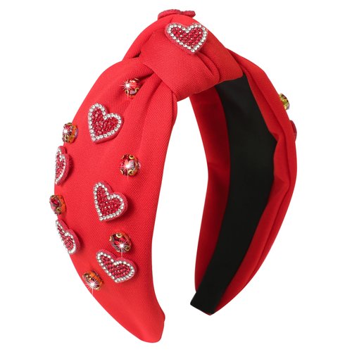 Gmmidea Valentine’s Day Heart Headband Rhinestone Beaded Galentines Headband for Women Girls Crystal Heart Knotted Hairband Cute Holiday Valentines Costume Head Band Party Decor
