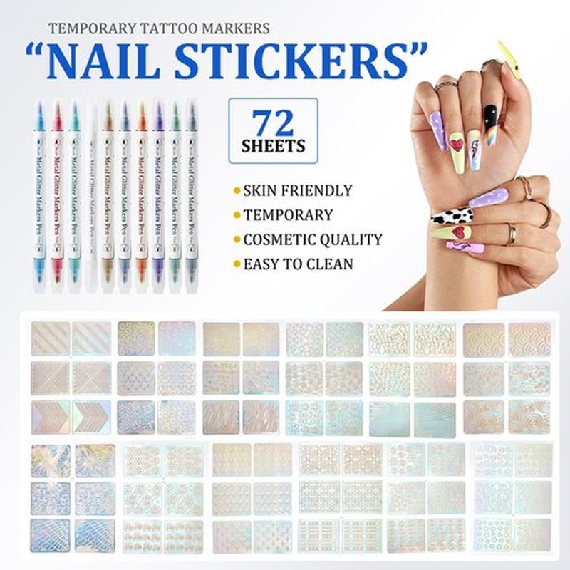 Temporary Tattoo Markers for Skin, 10 Dual-End Tattoo Pens Body Markers with Bold and Fine Lines, 160 Tattoo Stencils and 72 Glitter Nail Stickers, Skin Safe