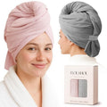 ROLSHOL 2 Pack Microfiber Hair Towel Wrap for Women, 32" x 11" Waffle Weave Hair Plopping Towel for Curly, Long & Thick Hair, Anti-Frizz Hair Turbans for Wet Hair (Pink, Grey)