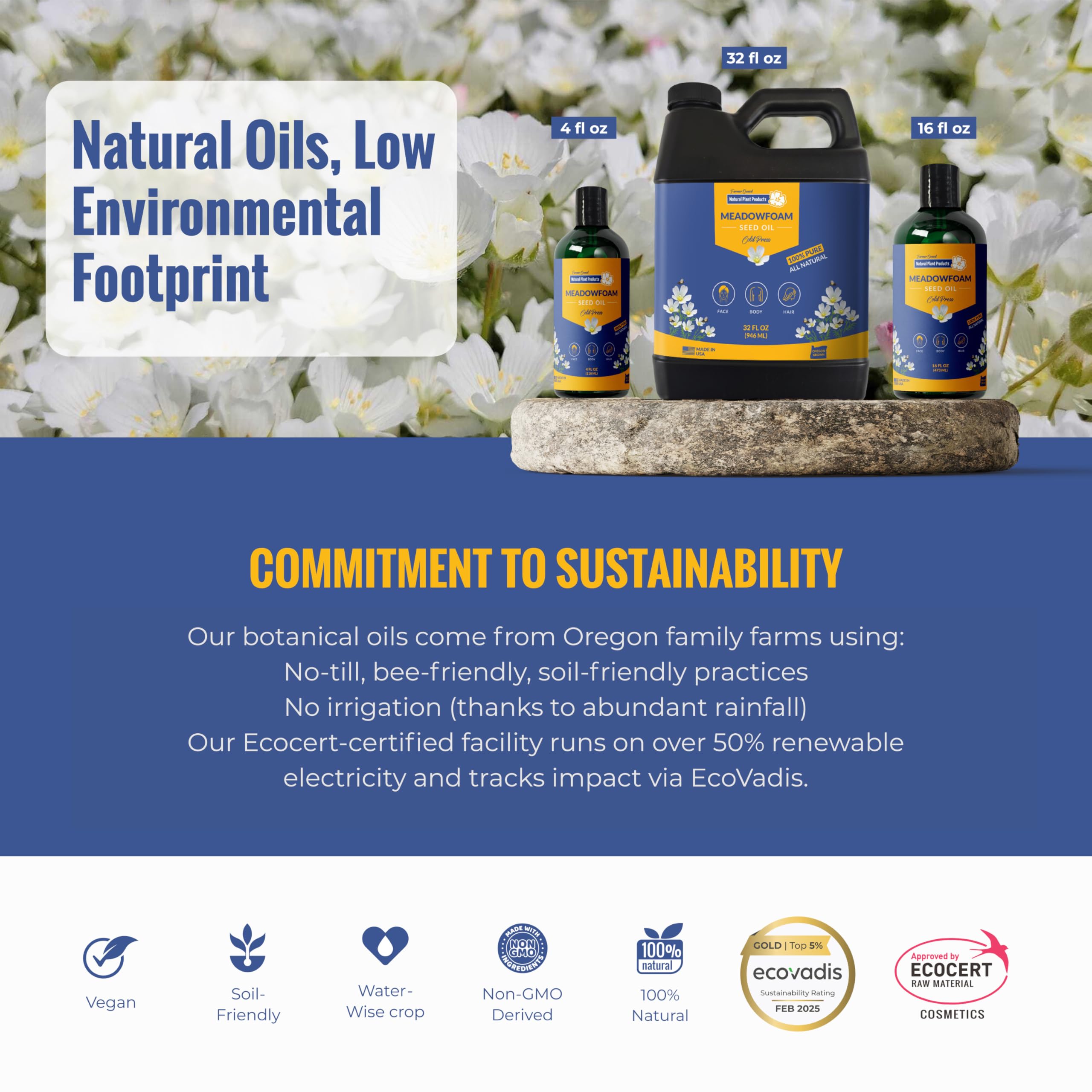 Meadowfoam Cold Pressed Oil - 100% Natural Virgin, Antioxidant-Rich Moisturizer for Face, Body, Hair. Deep Moisture Lock, Silky Non-Greasy Finish. Direct from Sustainable Oregon Co-op Farms