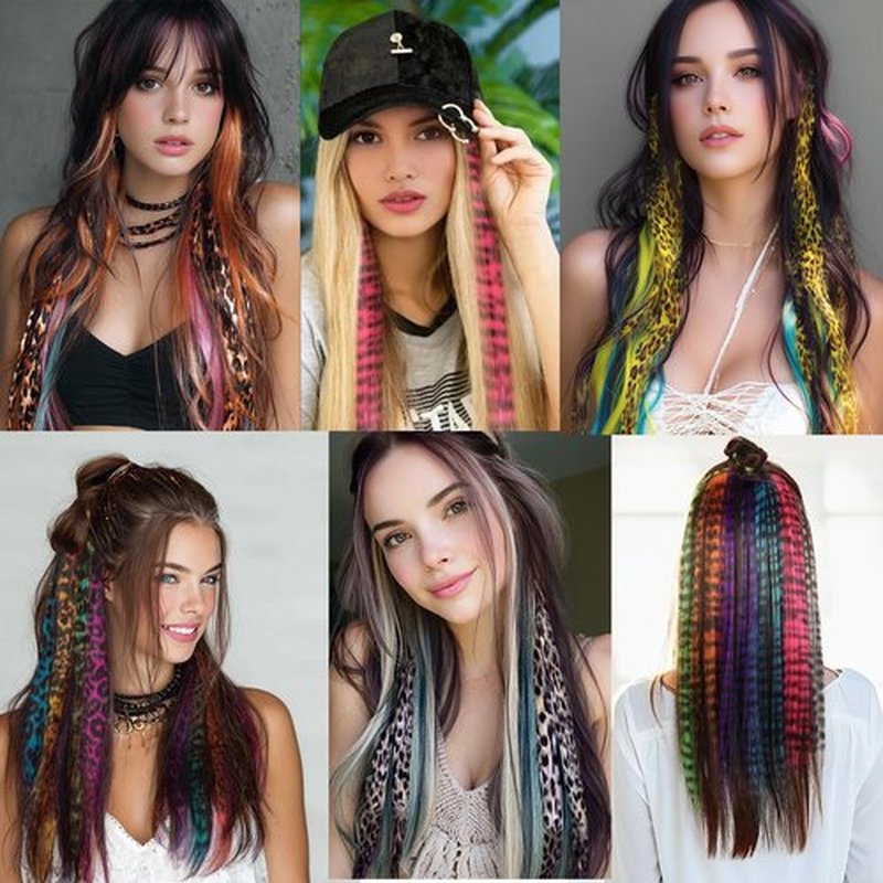 EXTACIO 10pcs/pack Scene Hair Extensions Synthetic Clip in Leopard print Hair piece 18inch Long Straight Colorful striped Hairpieces Halloween Party Cosplay Y2K Use for Women