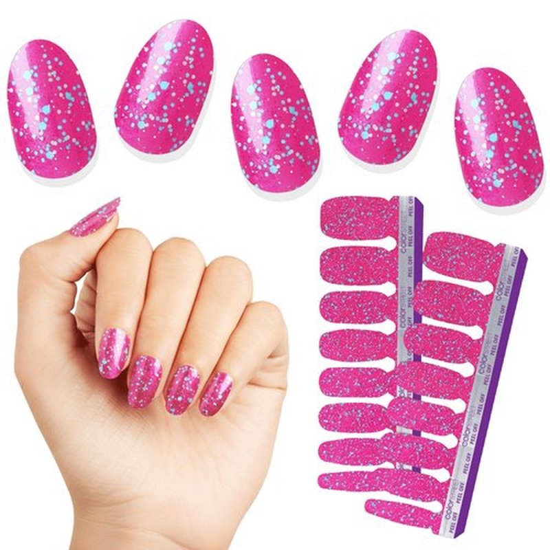Color Street - Bauble & Bright - Hot Pink Glitter Nails with Blue Sparkle, Real Nail Polish Strips, Festive Holiday Manicure - 16 Double-Ended Strips