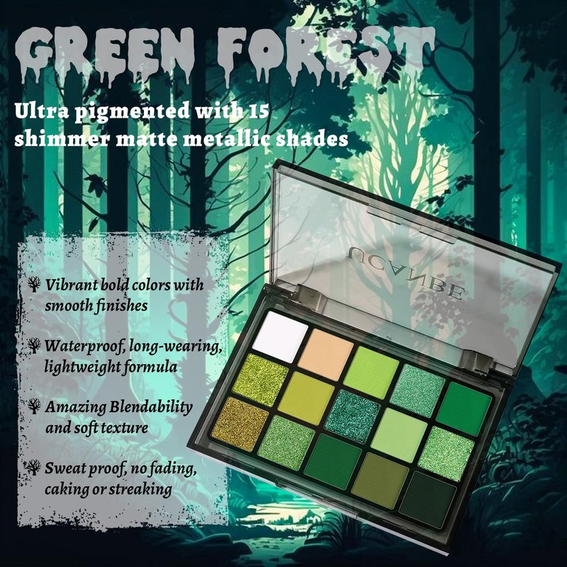UCANBE Green Halloween Makeup Kit – Zombie Witch Beetle Juice Monster Makeup Set for SFX Costume Cosplay with Eyeshadow Palette, White Foundation, Black Lipstick,Eyeliner, Setting Powder & Sponges