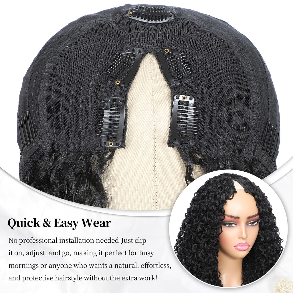 V Part Burmese Curly Wig for Black Women, Glueless Protein Silk Synthetic Curl Upgraded U Part Wigs Soft Natural Human Hair Feel, Lightweight Beginner Friendly Upart, Daily Wear/ Time-Saving Vpart