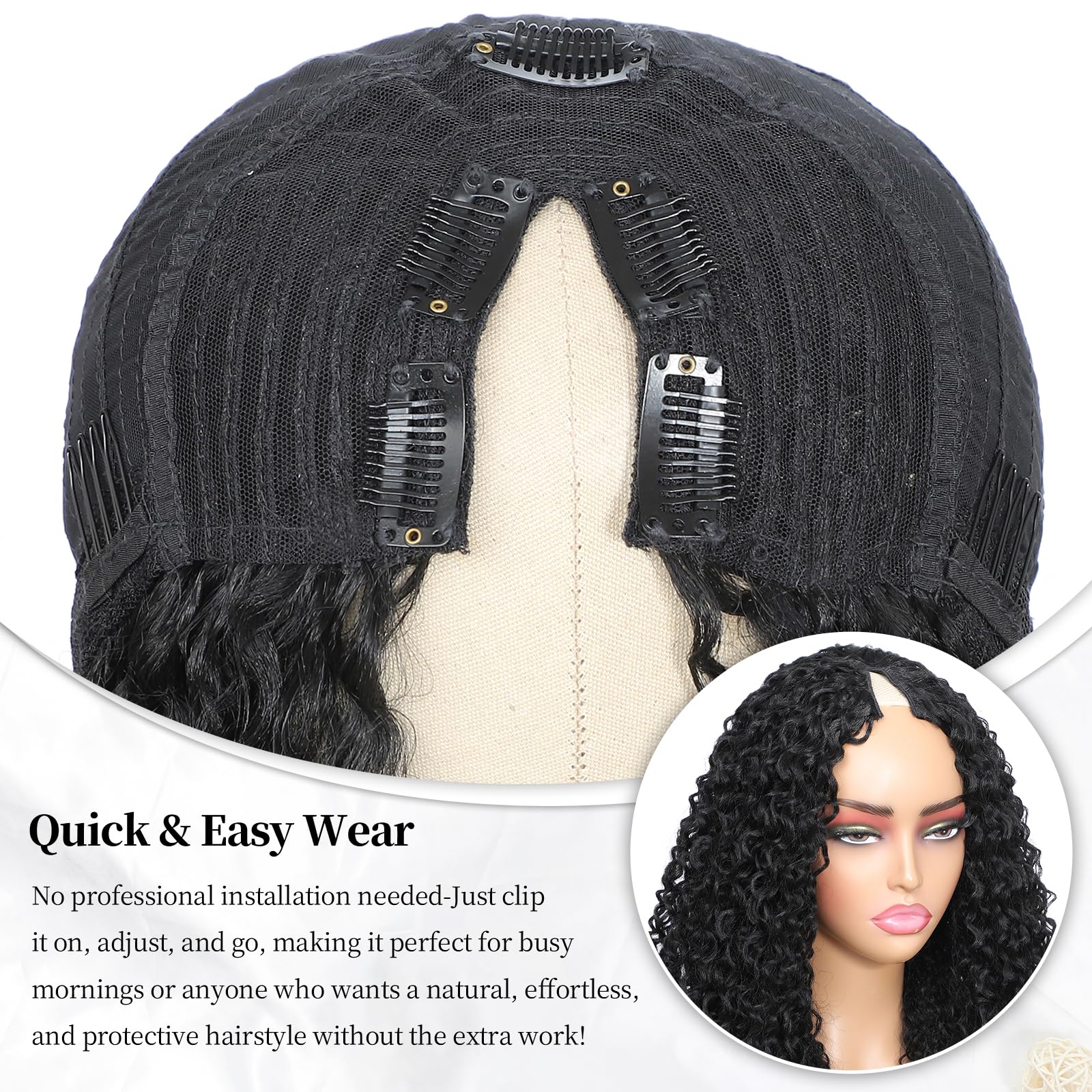 V Part Burmese Curly Wig for Black Women, Glueless Protein Silk Synthetic Curl Upgraded U Part Wigs Soft Natural Human Hair Feel, Lightweight Beginner Friendly Upart, Daily Wear/ Time-Saving Vpart