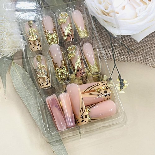 FIEONCIY Press on Nails Long Coffin Shaped Acrylic Glossy Full Cover Long Square French False Nails with Designs Artificial Extra Long Fake Nails with Charms Glue ons Fingernails for Women(XG10114)