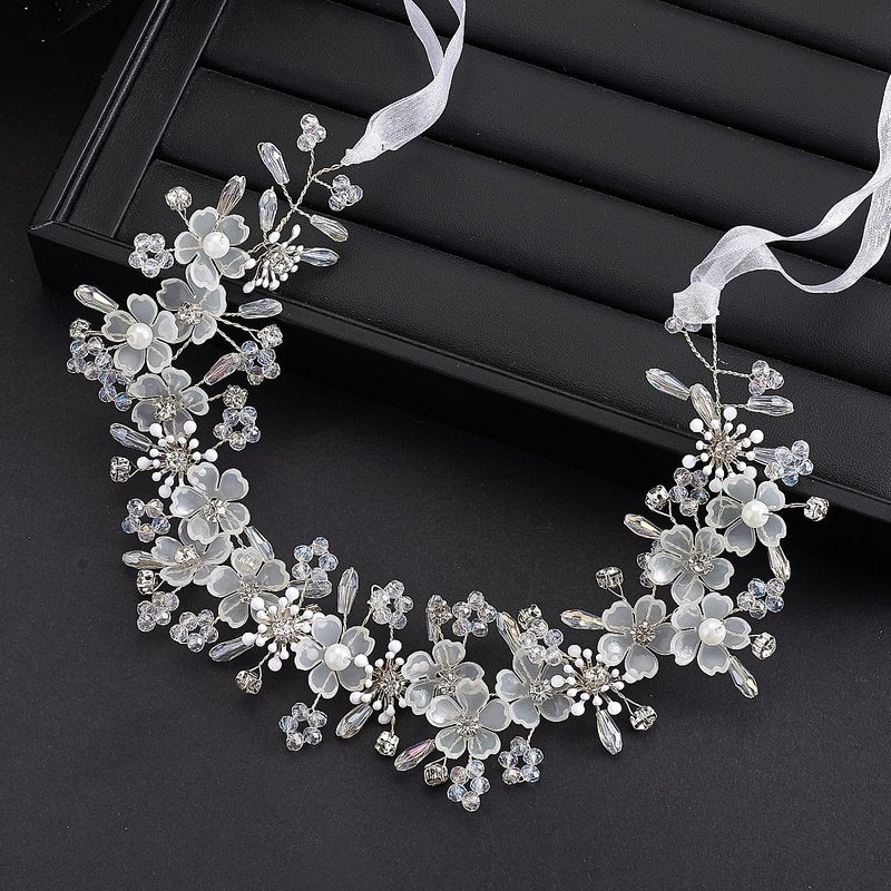YOUlDIANZI Flower Princess Headpiece, Pearl Bridal Hair Accessory for Women Wedding Hair Band for Bride Princess Crown First Communion Headpiece for Womens Birthday, Party, Wedding