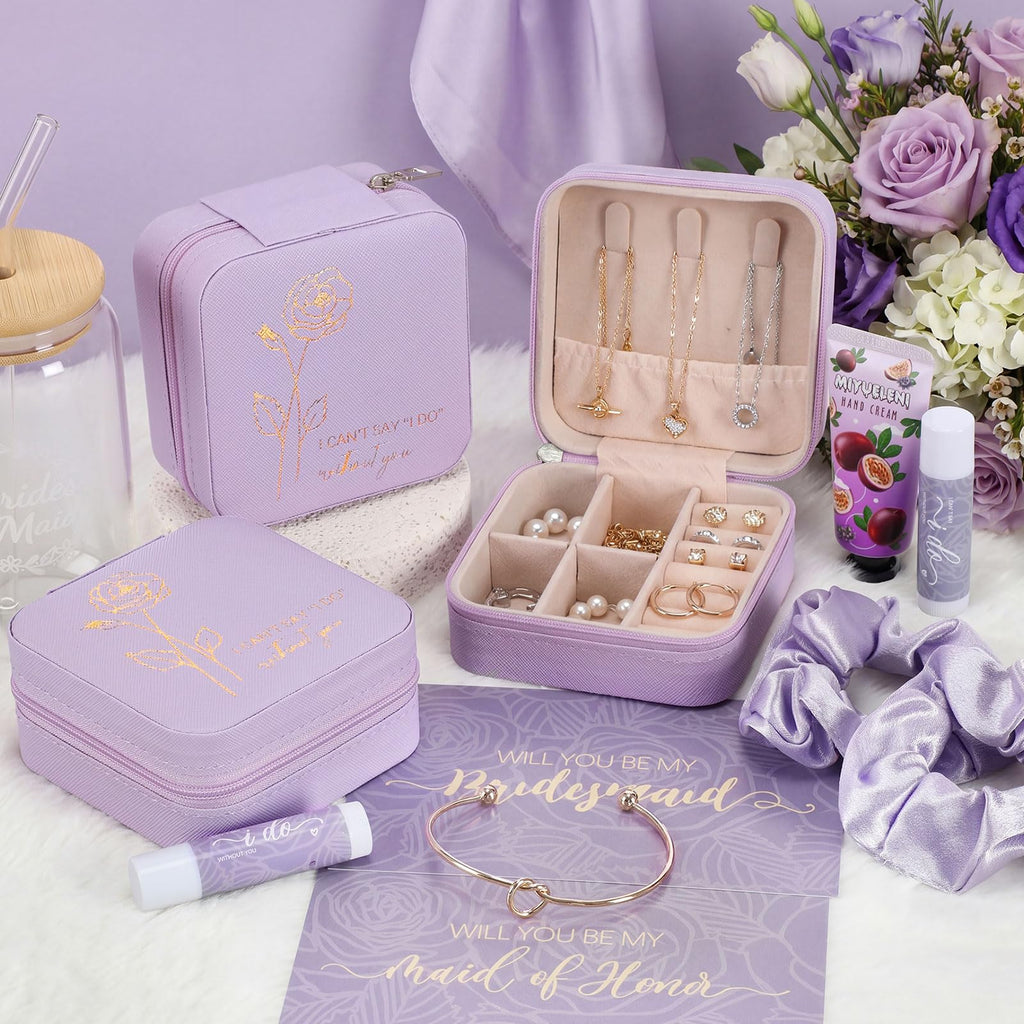 Teenyyou 60 Pcs Bridesmaid Proposal Gifts Bridesmaid Box Set Maid of Honor Gift Wedding Bridal Shower Include Jewelry Box Glass Cup Scrunchies Hair Knotted Bracelets Hand Cream Lip Balm Cards(Purple)