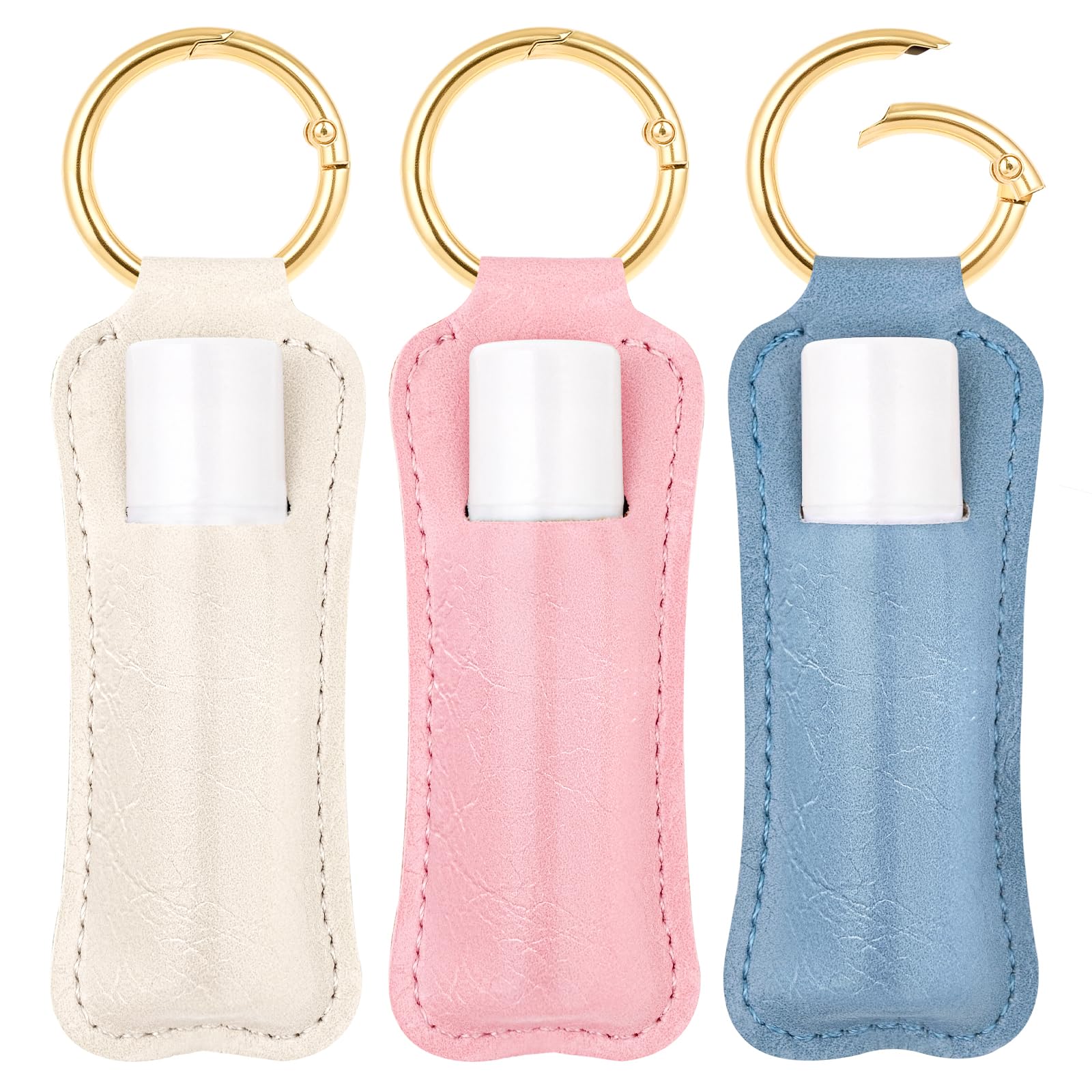 LUCKINEE 3PCS Lip Balm Holder For ChapStick Key Chain Lipstick Holder Key Chain, PU Leather Lip Balm Holder Pouch Keychain Lip Gloss Keychain With O Spring Key Chains Women Cute