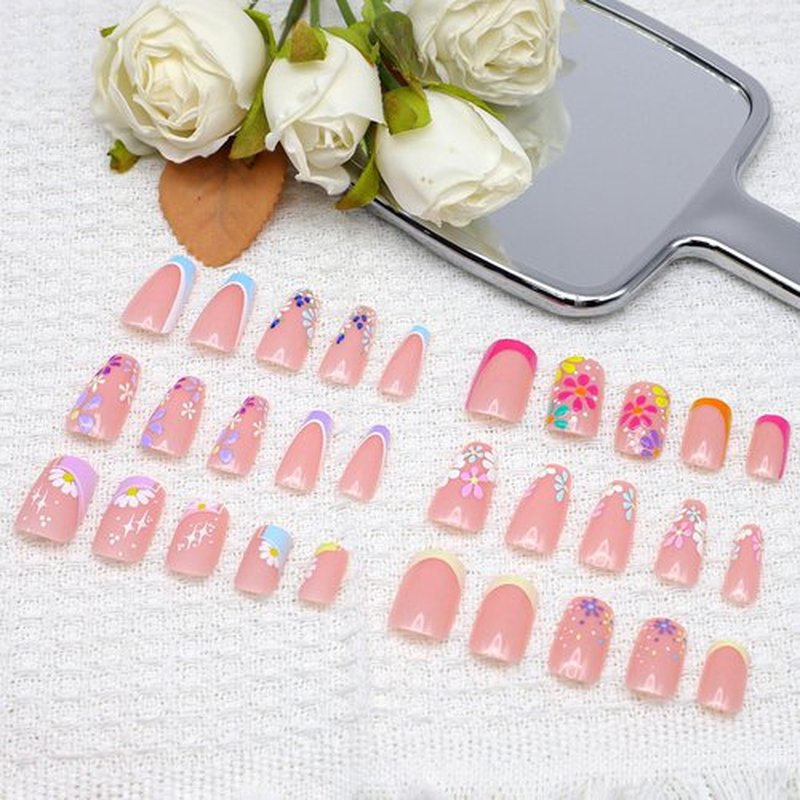 6-Pack Square Press-On Nails: 12 Sets (144 Pcs) French Tip Fake Nails with Flower Design - Full Cover, Colourful Artificial, Reusable False Nails Kit - Cute Glue-On Nails for Women & Girls