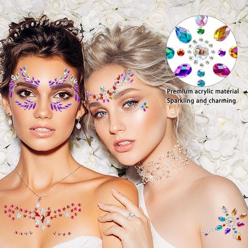 Allruyee 12 Sets Face Jewels Gems Mermaid Glitter Rhinestone Crystal Stickers Waterproof Eyes Temporary Tattoos for Party, Rave Festival, Carnival, Holiday Costumes, Accessories