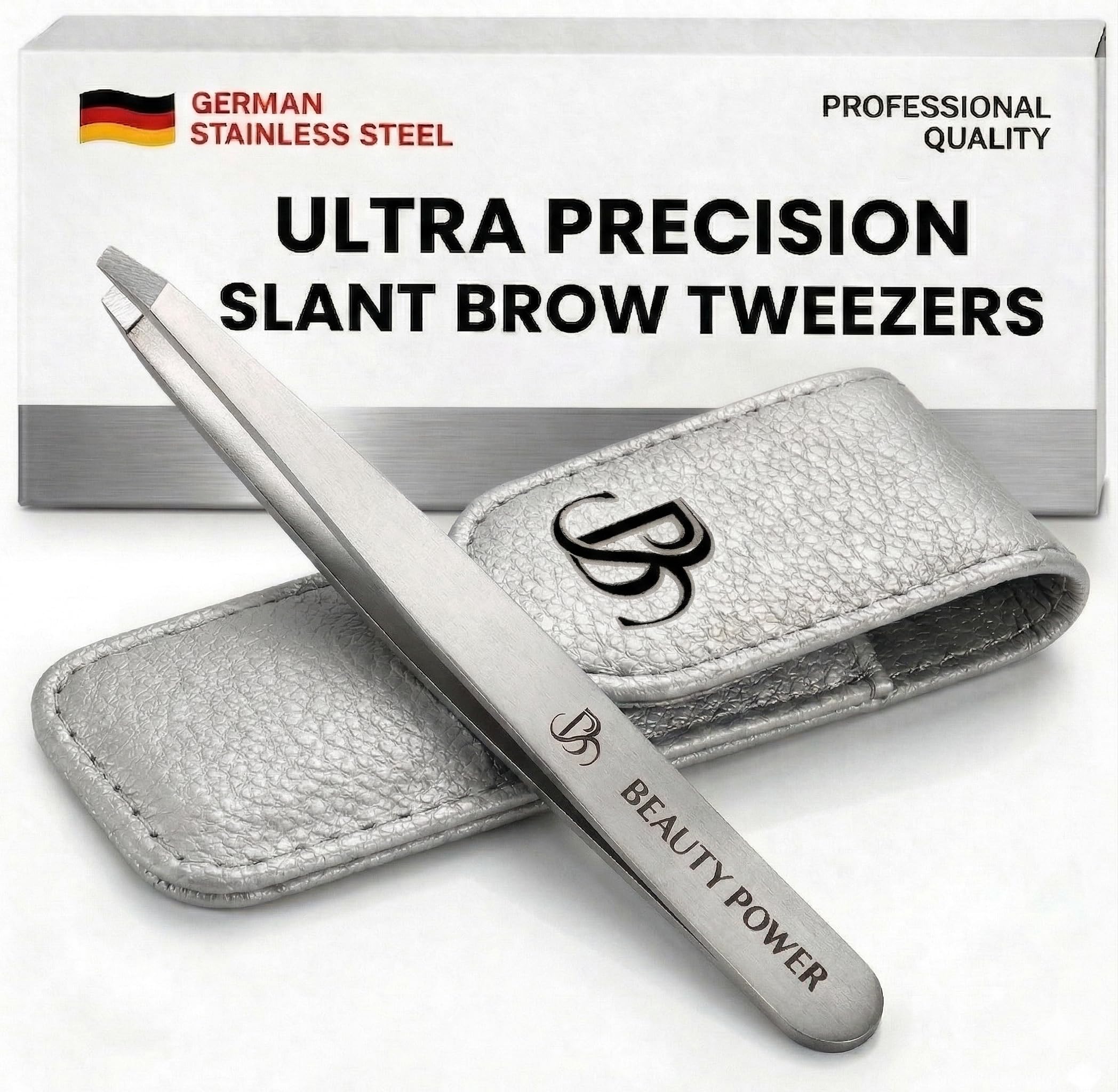 Beauty Power Professional Tweezers in Case - Slant, Durable Lightweight German Stainless Steel, Ultra Precision Tweezers for Eyebrows, Facial Hair, Chin, and Ingrown Hair Removal - Gift Idea - Gray