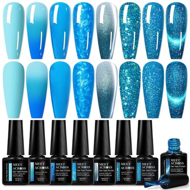 8PCS Gel Nail Polish Set Royal Sky Blue Navy, Reflective Glitter Cat Eye Color Changing Moonlight Magnetic Thermal Rubber Base Coat Glaze Builder Meteorite Sequins Glitter Thermal Manicure for Women