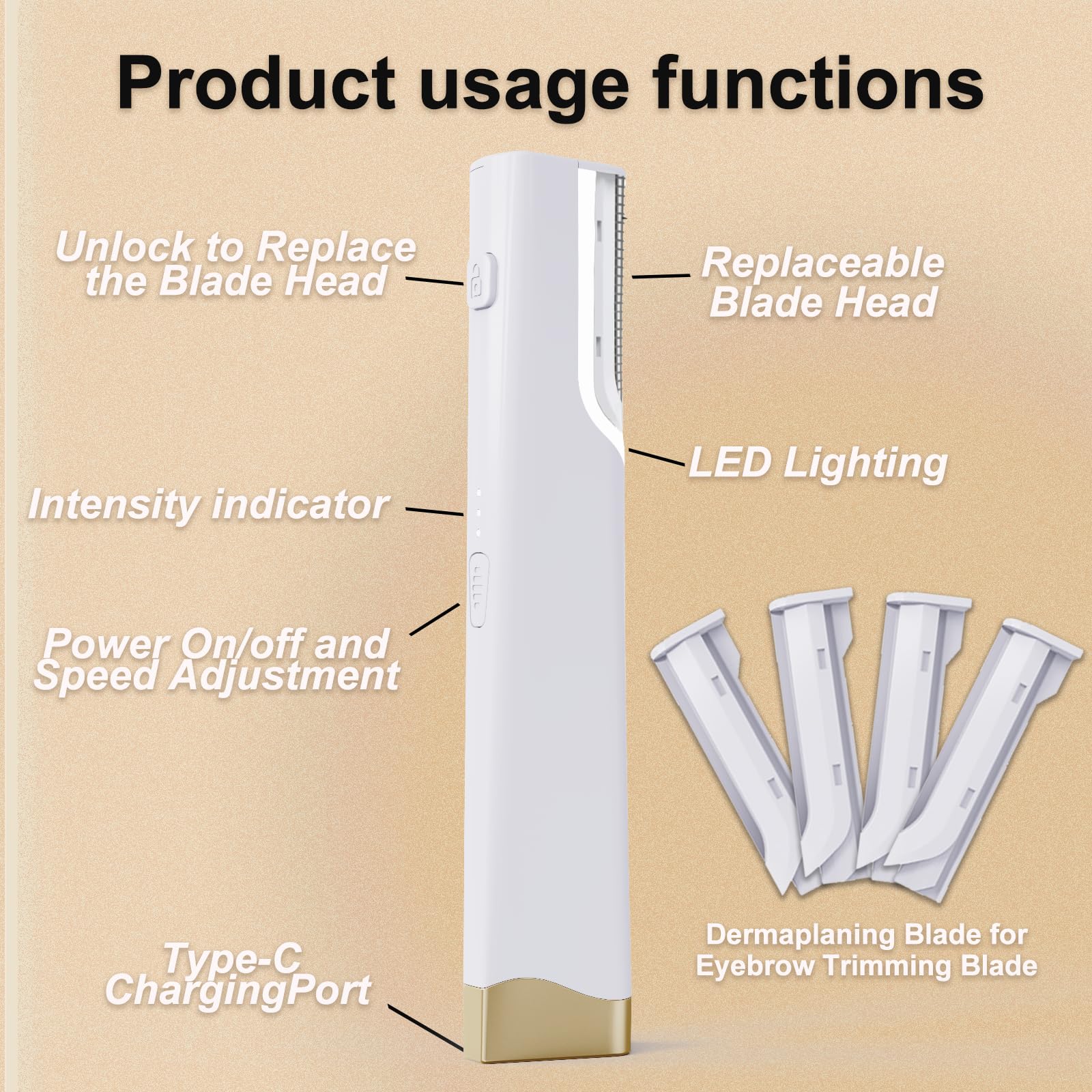 Electric Dermaplane Razor for Women Face – Peach Fuzz Remover for Women Face, Face Razors for Women Dermaplaning,5 Replacement Blades,Travel-Friendly, Microblades for Face, Painless Hair Removal
