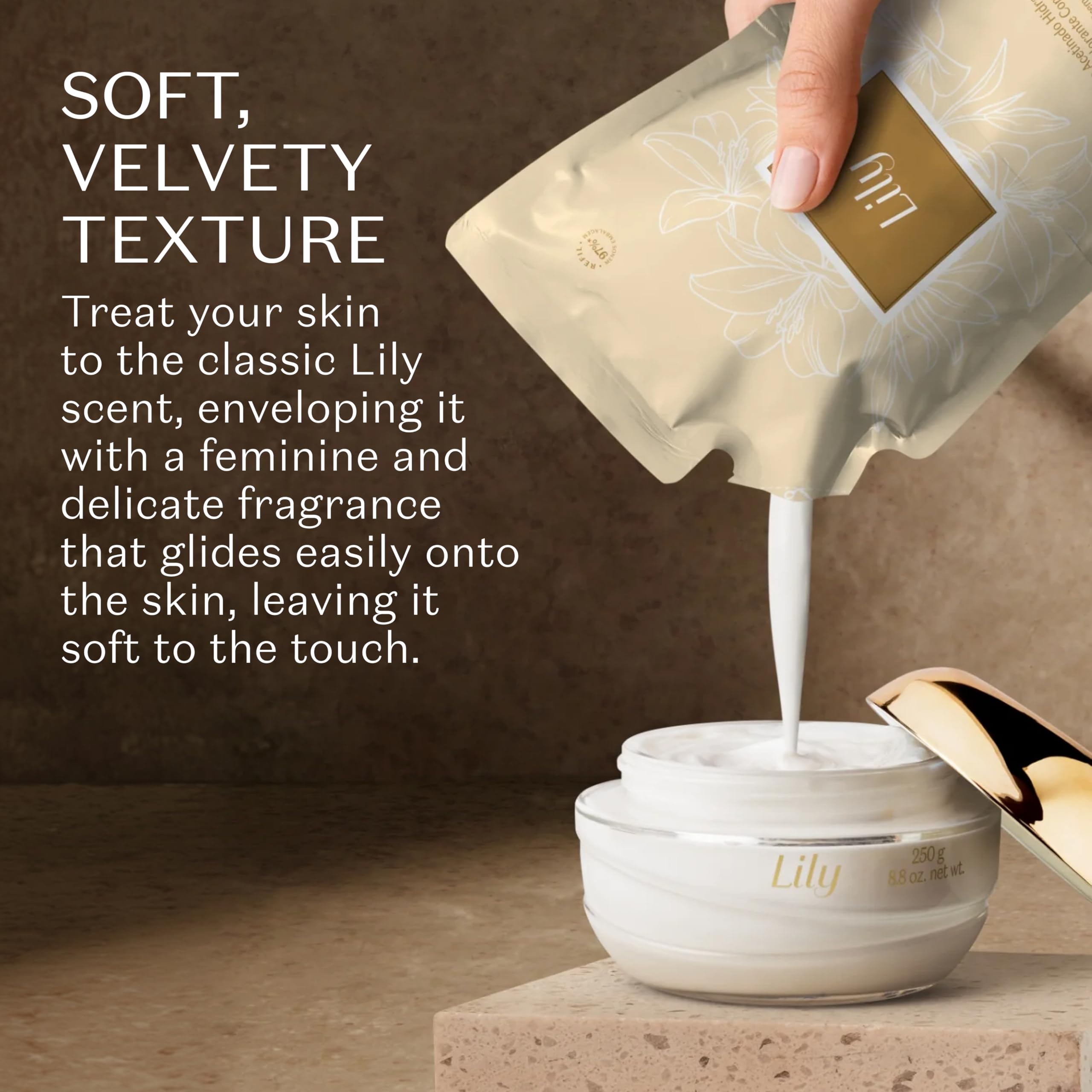 O Boticário Lily Satin Moisturizing Body Cream REFILL POUCH, 24 Hour Fragranced Body Butter for Dry Skin, 8.8 Ounce (250g)