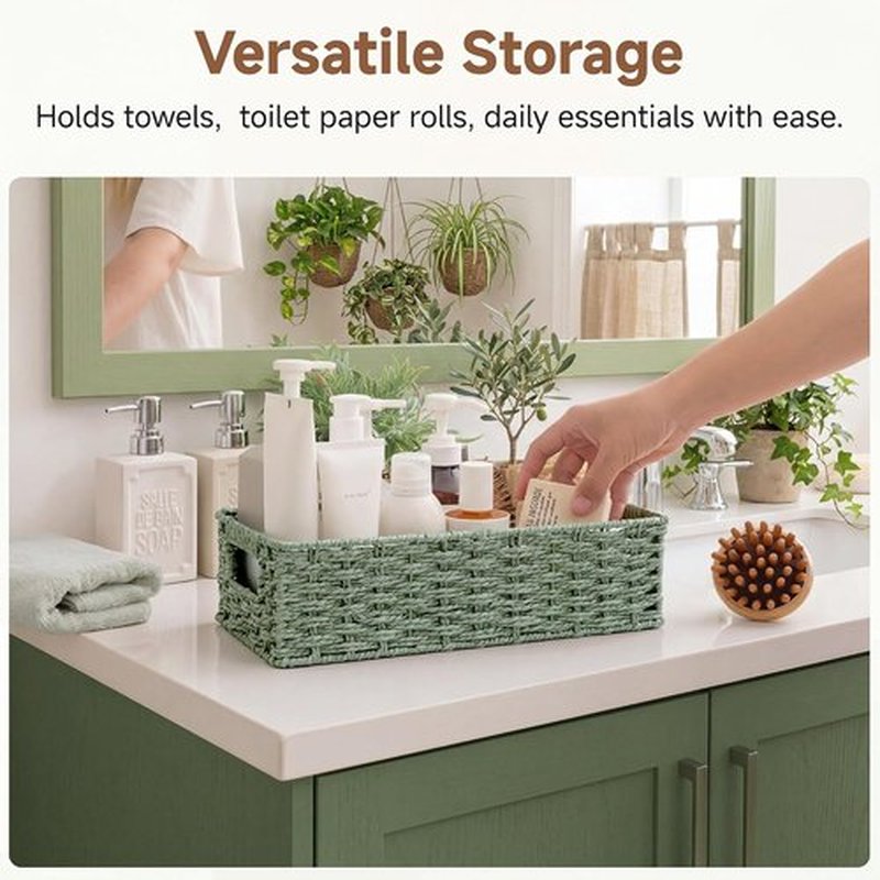 StorageWorks Small Wicker Toilet Basket - Stylish Sage Green Bathroom Organizer with Built-in Handles
