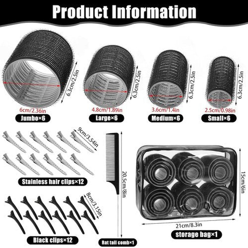 Skiennix Self-Grip Hair Rollers Set - 50 Jumbo Curlers for All Hair Types | Includes Clips, Black