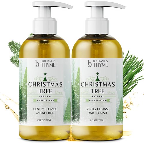 Brittanie's Thyme Christmas Tree All-Natural Olive Oil Liquid Hand Soap | Gluten Free, Vegan, No Parabens, Sulfates or Additives | Cruelty & Fragrance Free (12 Fluid Ounce Pack of 2)