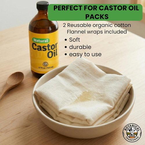 Skiennix Organic Castor Oil Kit - 100% Pure Cold Pressed, Hexane Free | 17oz Glass Bottle with 2 Reusable Cotton Flannel Wraps & Mascara Wand for Eyelashes, Eyebrows, Skin, and Navel Care