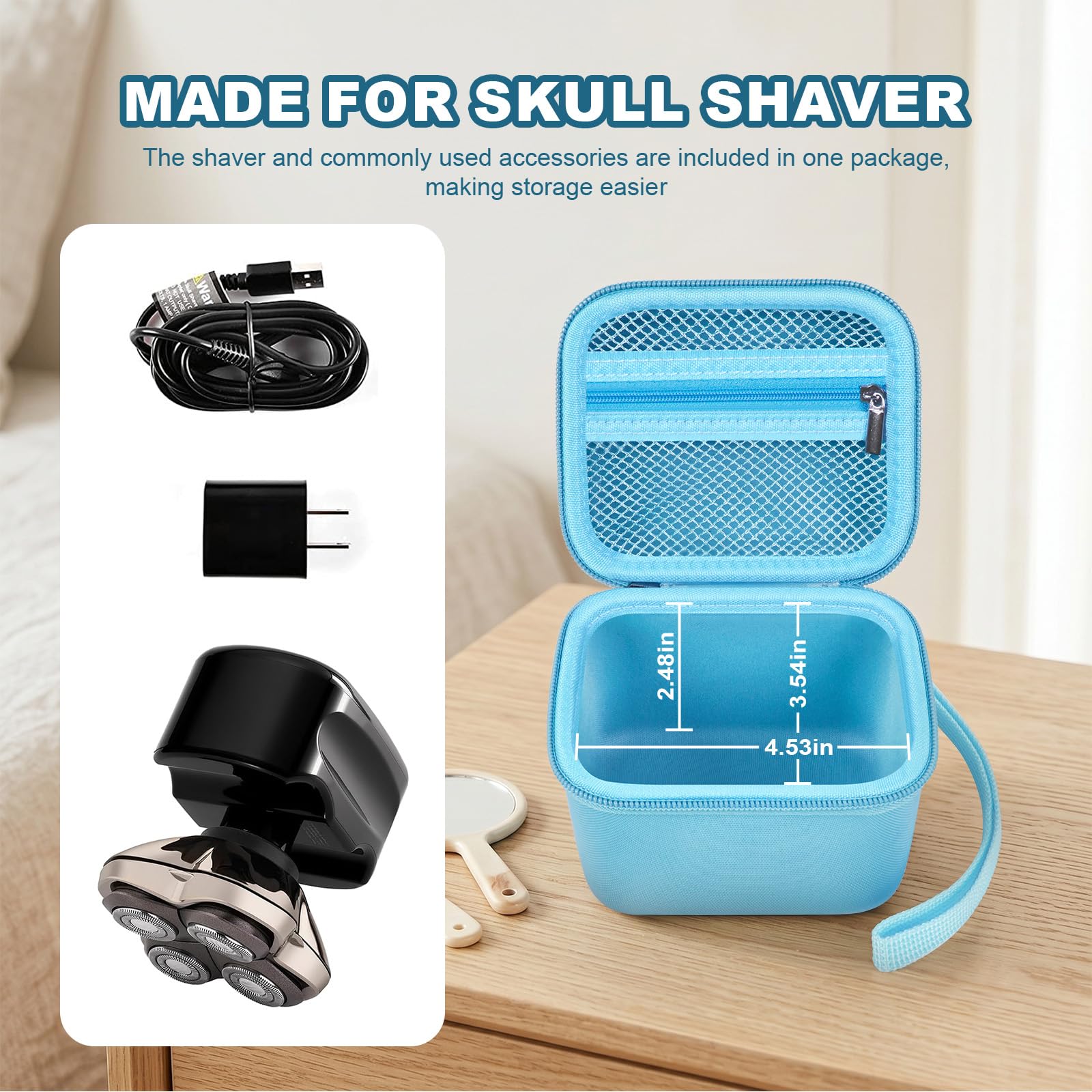 Case for Skull Shaver Electric Pitbull Pro Razor, Hard Travel Rotary Men Head Shavers Beard Trimmer Storage Carrying Box with Zipper Mesh Pocket for Men's Gold Pro Mustache Grooming Kit-Only (Blue)