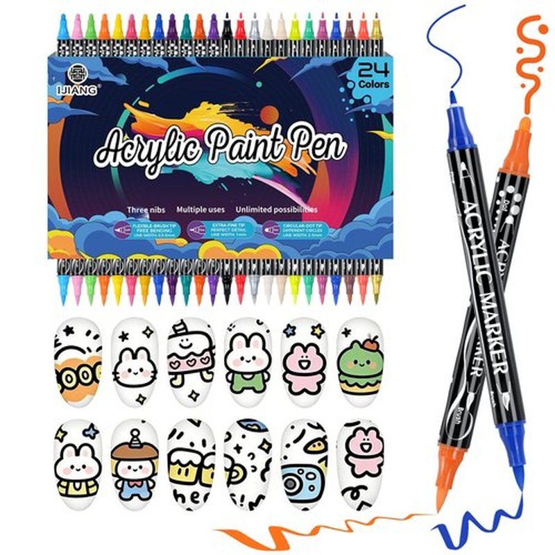 24 Colors Nail Art Markers Pens Kit, Acrylic Paint Non-Toxic Waterproof, Nail Polish Pen Marker with (0.5-5mm)3Types Tips for 3D Nail Art, Diy Nail Art Tools, Dotting Drawing Painting Point Home Salon