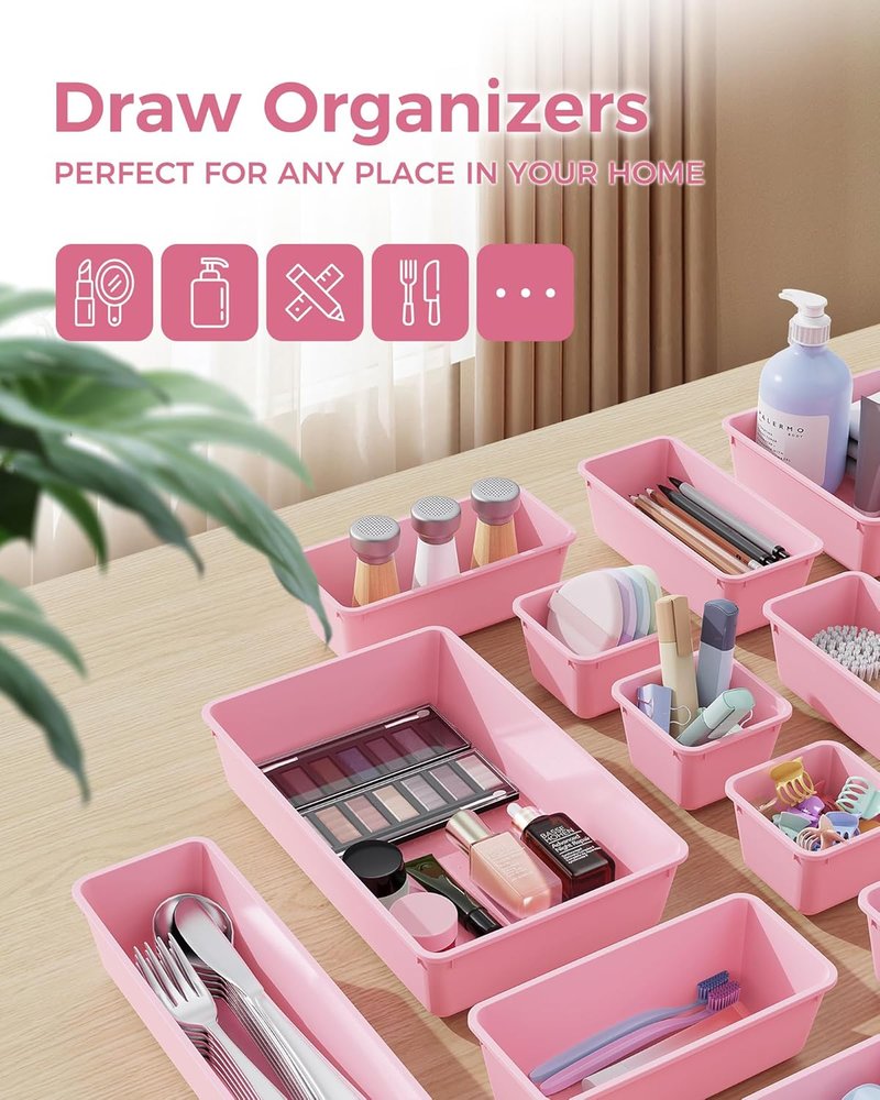 BiuLeon 25 PCS Plastic Drawer Organizers Set - Versatile Vanity & Makeup Storage | Pink, 4 Sizes