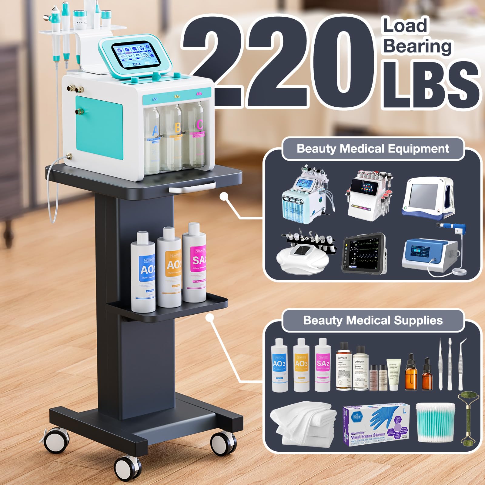 Esthetician Trolley Cart with Wheels, Aluminum Salon Spa Beauty Machine Trolley Stand, Load 135Lbs, 3 Tier Beautician Rolling Cart Esthetician Machine Mobile Handcart for Beauty Instrument Storage