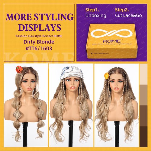 KOME Dirty Blonde Synthetic Lace Front Wig,13×6 Pre Plucked Curly Glueless Wigs for Women Daily Party Use 26IN(#TT6/1603)