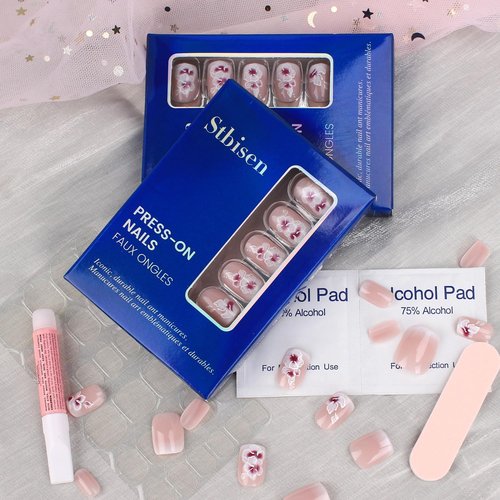 Mivota French Press On Nails Short Square White Nude Gradient False Nails Delicately Adorned with White Silver Flowers Reusable Glue On Nails for Women Kit 24Pcs